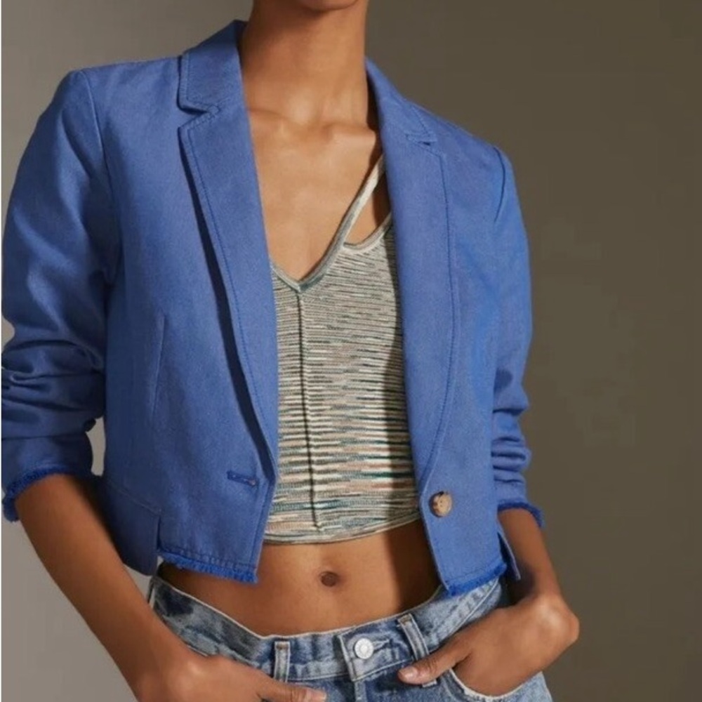 By Anthropologie Cropped Frayed Fringe Hem Blazer in Blue
